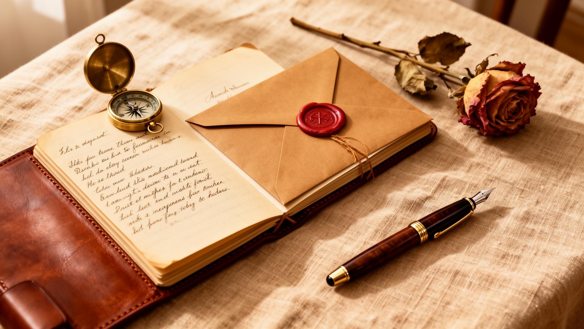 Cuaderno de cuero abierto, brújula de latón y carta lacrada
